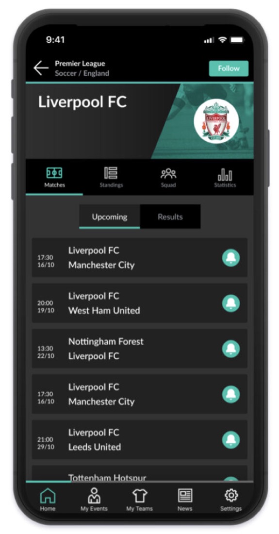Tela do app Triggy Live Score